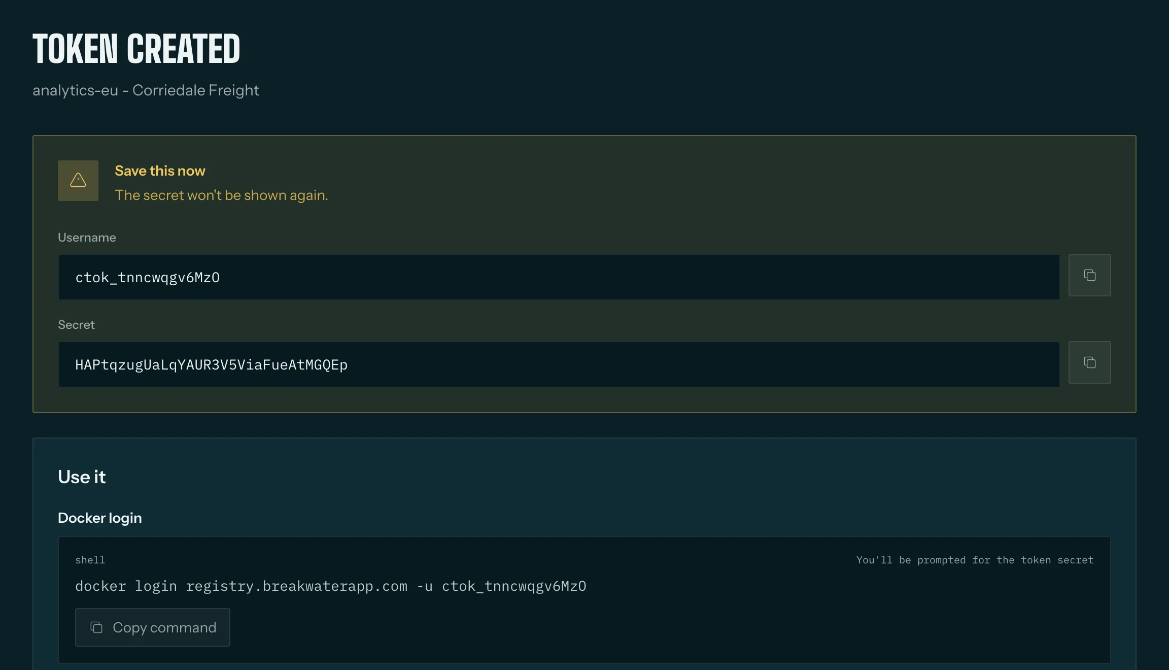 A new pull token in the customer portal, its secret shown once, with the docker login command for registry.breakwaterapp.com.