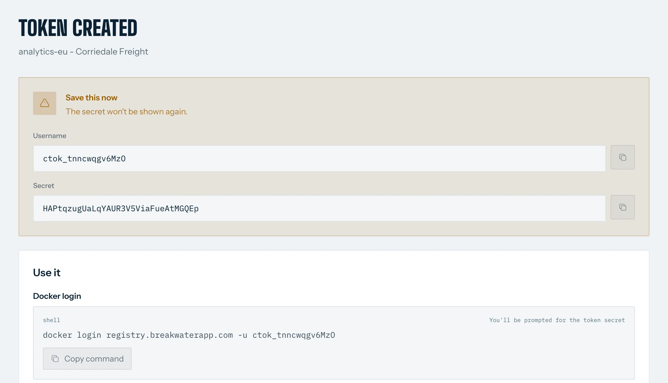 A new pull token in the customer portal, its secret shown once, with the docker login command for registry.breakwaterapp.com.