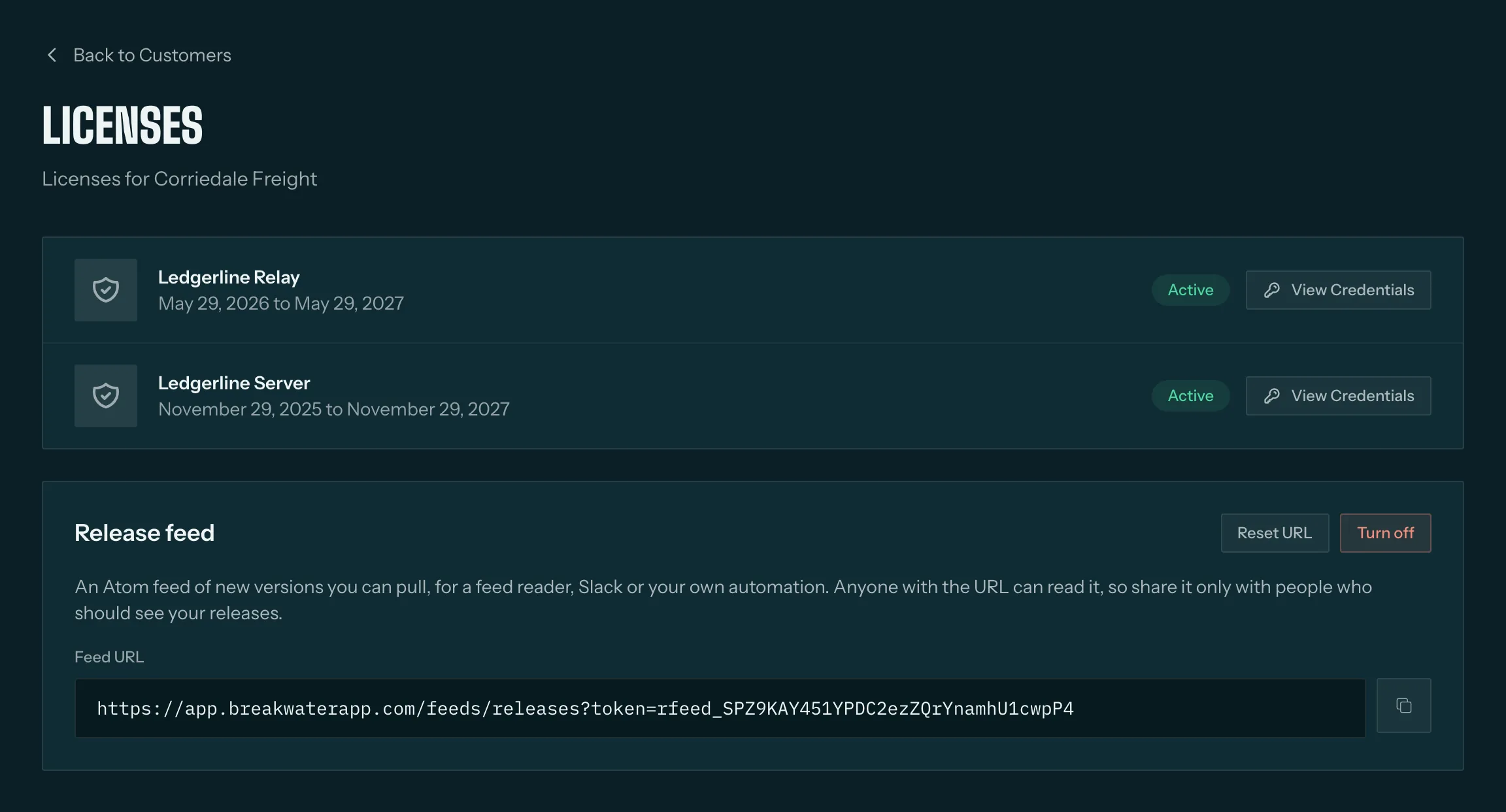 Corriedale Freight's licenses in their customer portal, with a release feed URL for new versions.