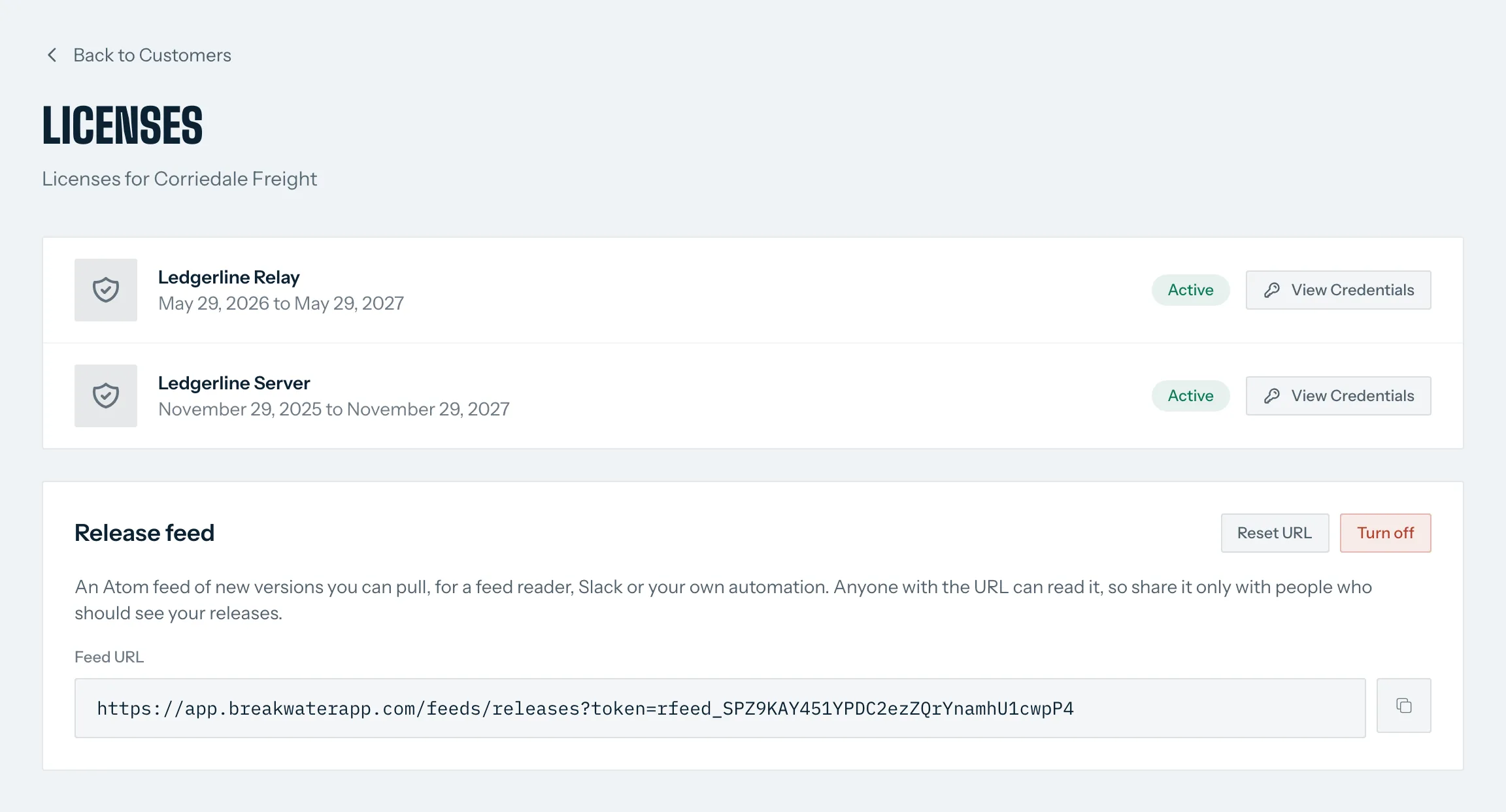 Corriedale Freight's licenses in their customer portal, with a release feed URL for new versions.