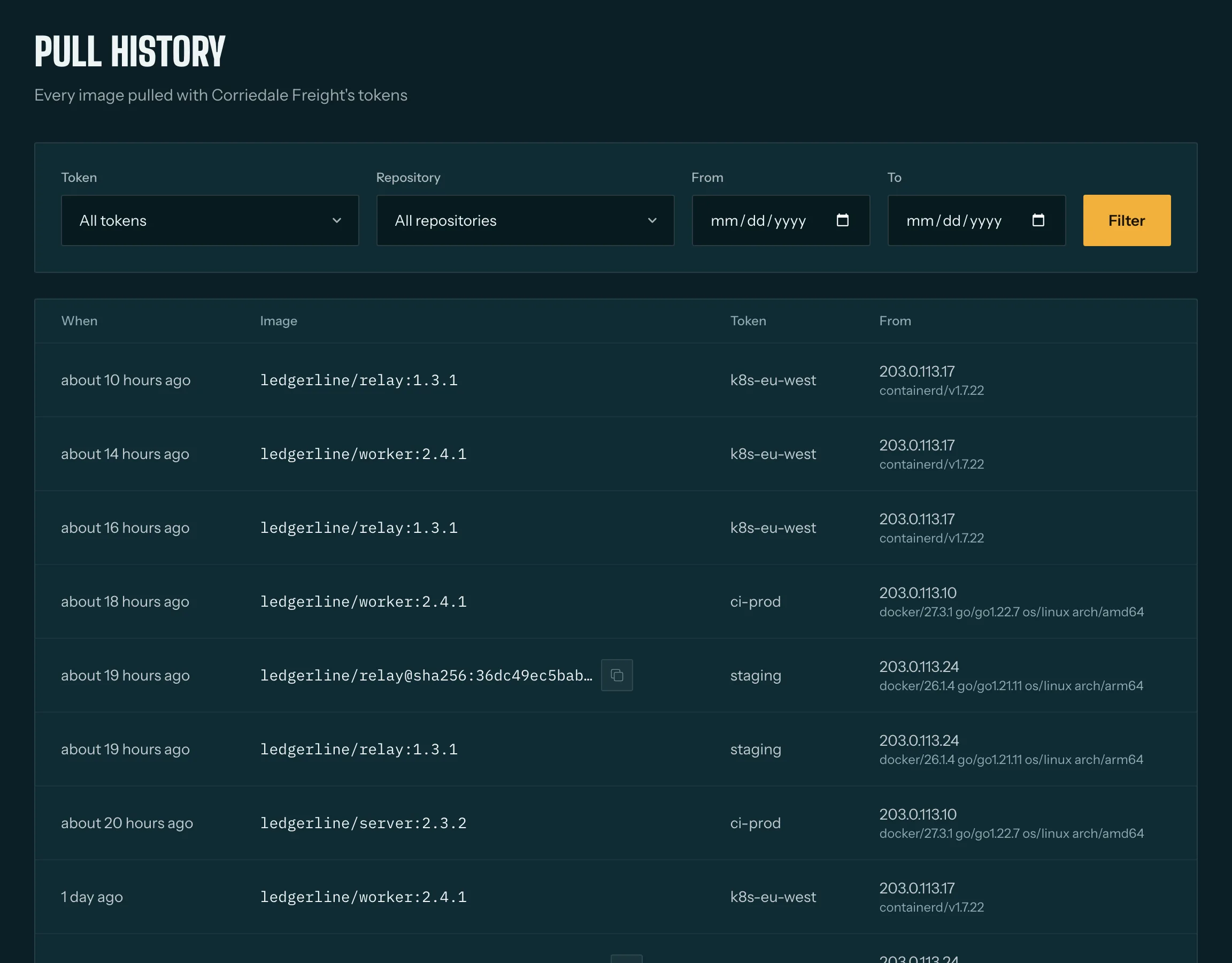 Corriedale Freight's pull history: each pull's image, tag, token and time.