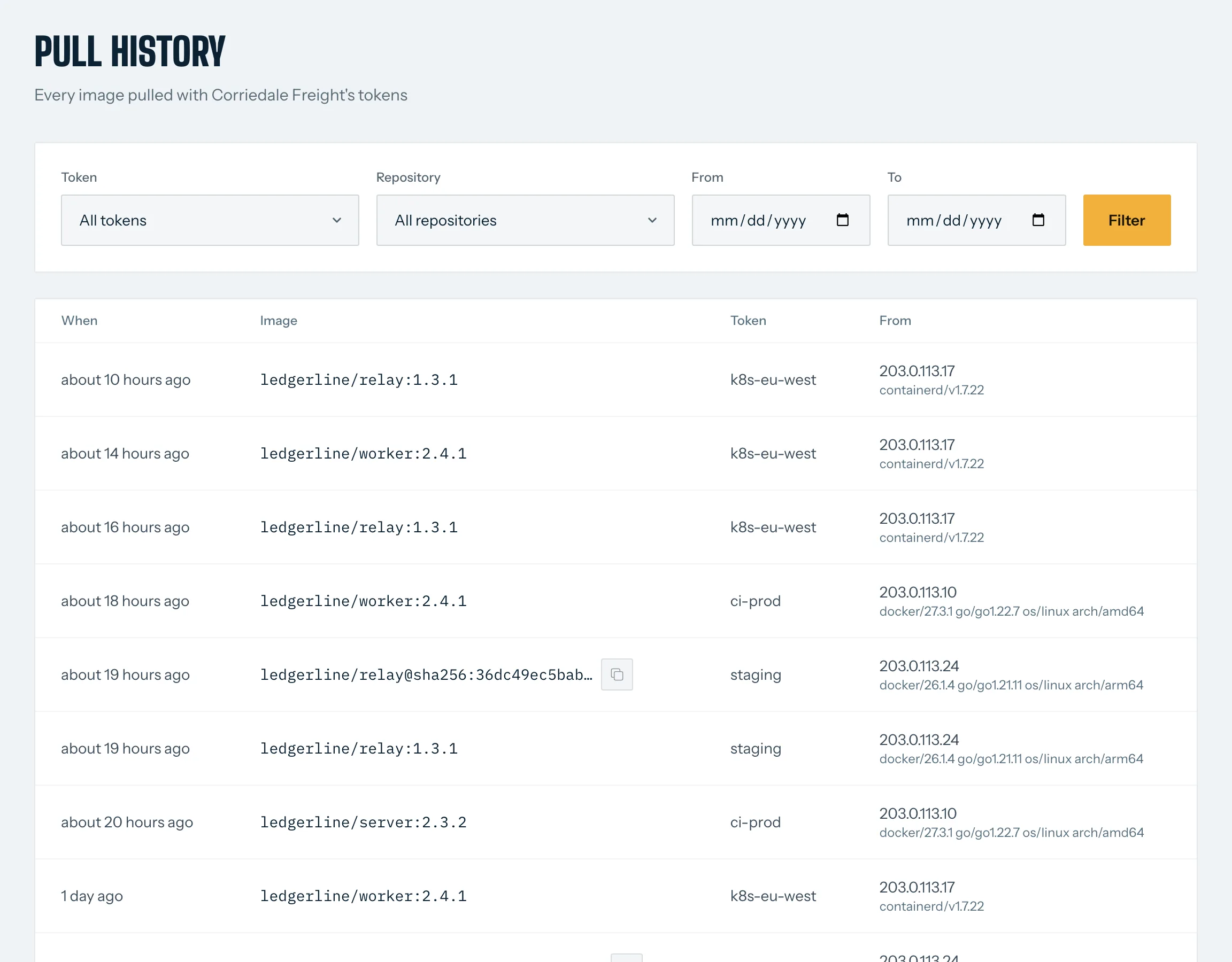 Corriedale Freight's pull history: each pull's image, tag, token and time.