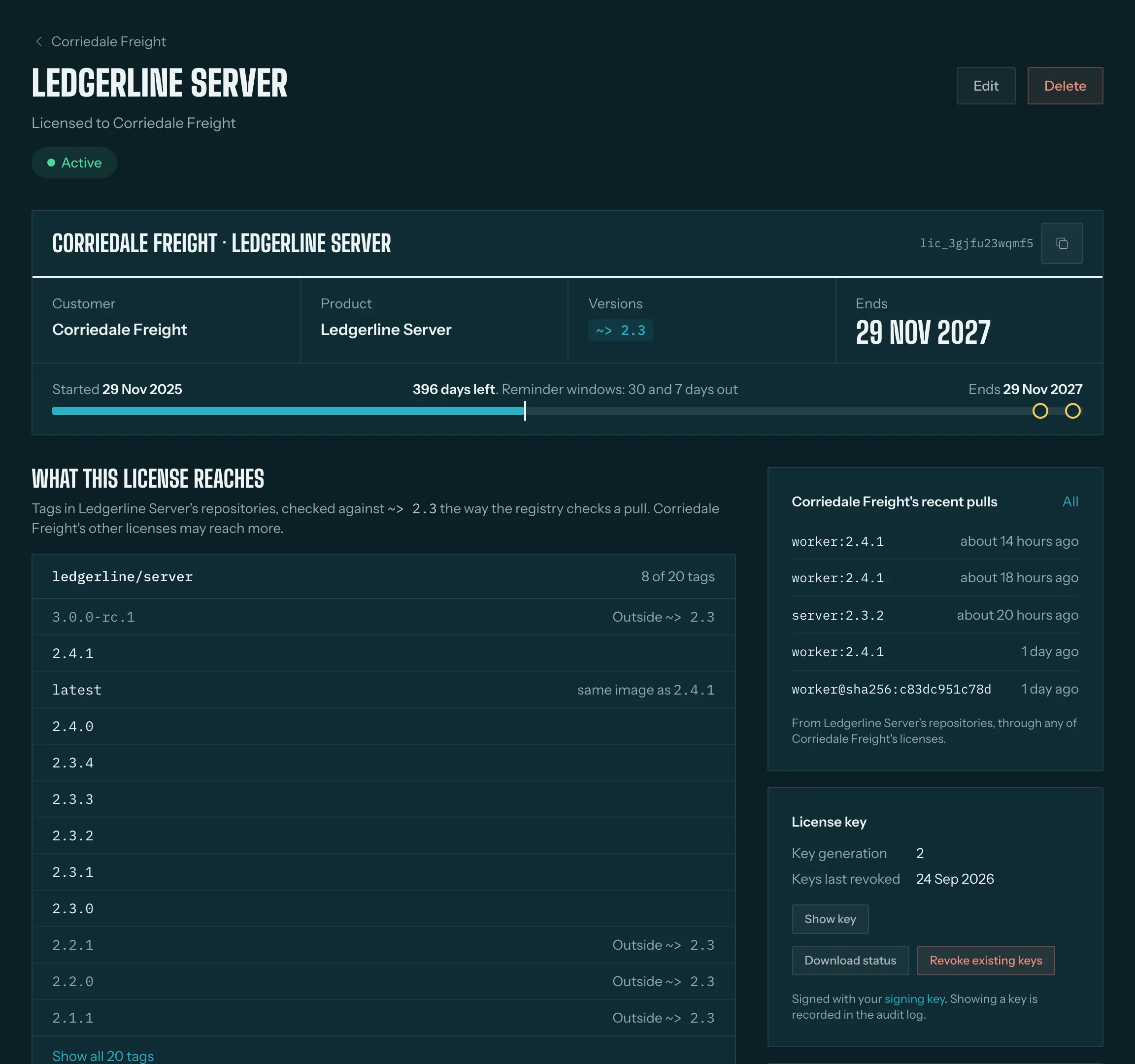 Corriedale Freight's license for Ledgerline Server: versions ~> 2.3, ending 29 Nov 2027, and the tags it reaches, with 2.2 and 3.0.0-rc.1 outside it.