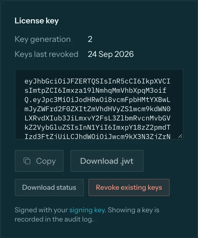 The license key card: a signed key with Copy and Download buttons, and Revoke existing keys.