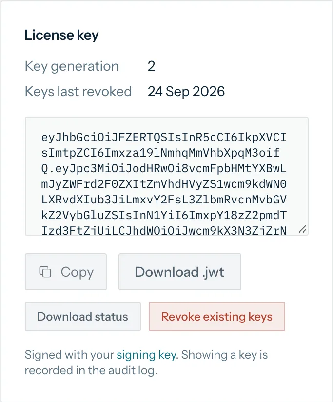 The license key card: a signed key with Copy and Download buttons, and Revoke existing keys.
