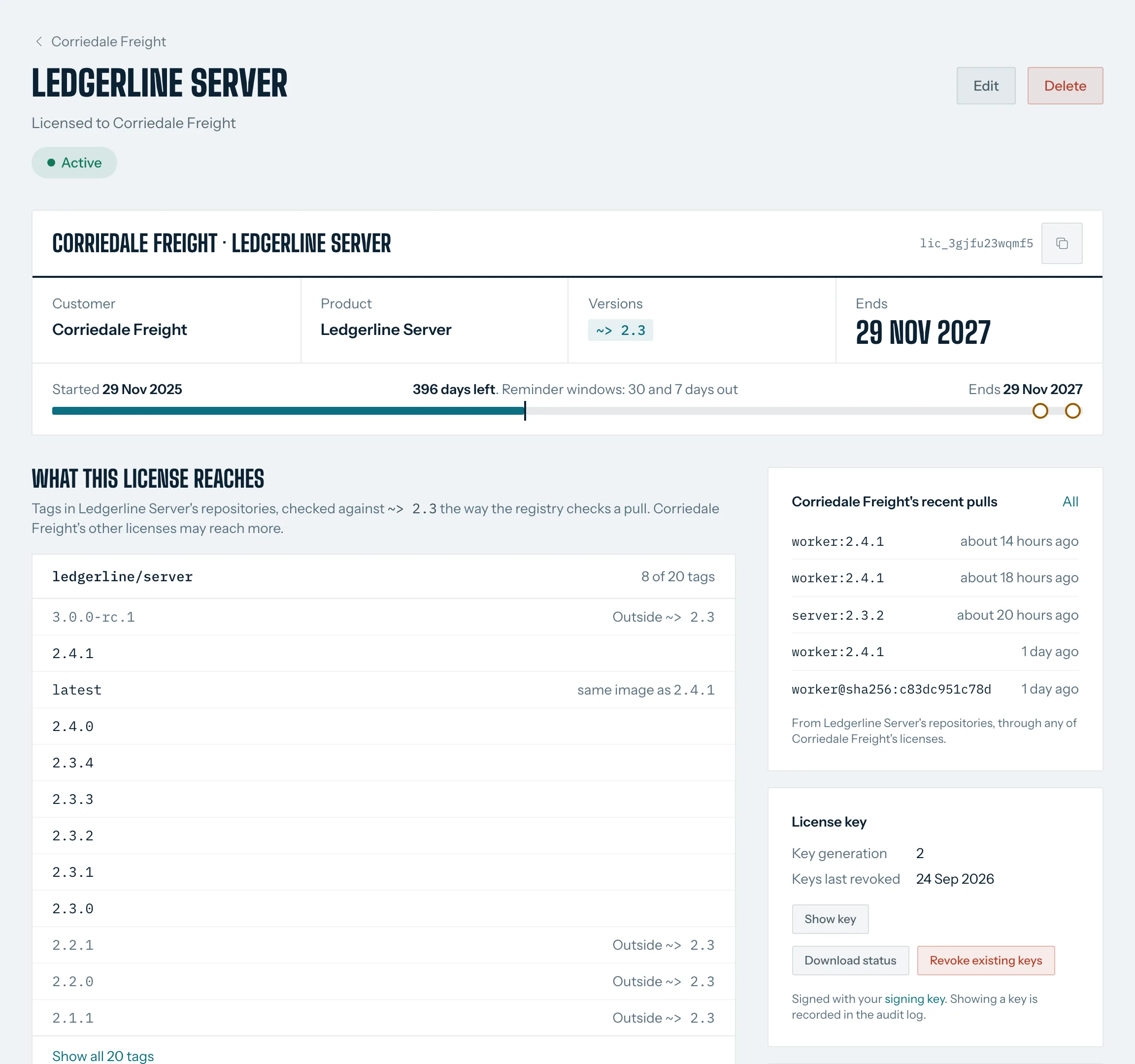 Corriedale Freight's license for Ledgerline Server: versions ~> 2.3, ending 29 Nov 2027, and the tags it reaches, with 2.2 and 3.0.0-rc.1 outside it.