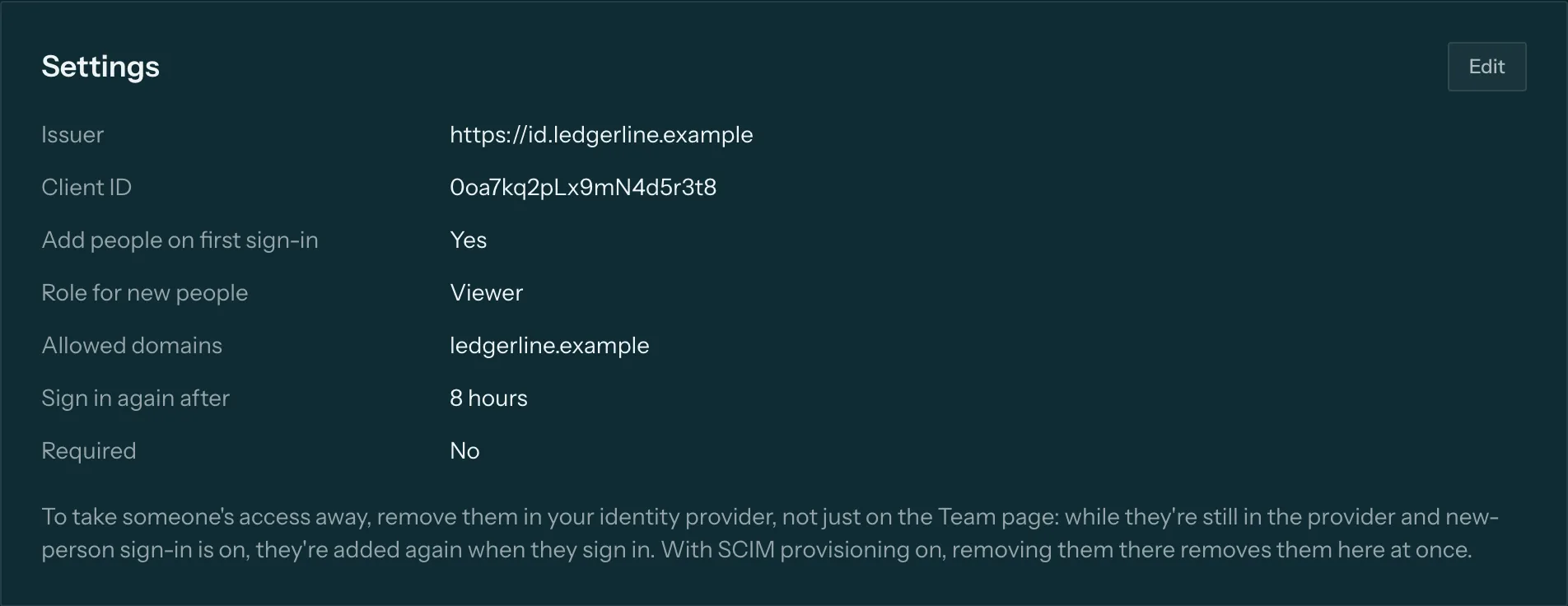 Single sign-on settings for an OpenID Connect provider: issuer, client ID and allowed domains.