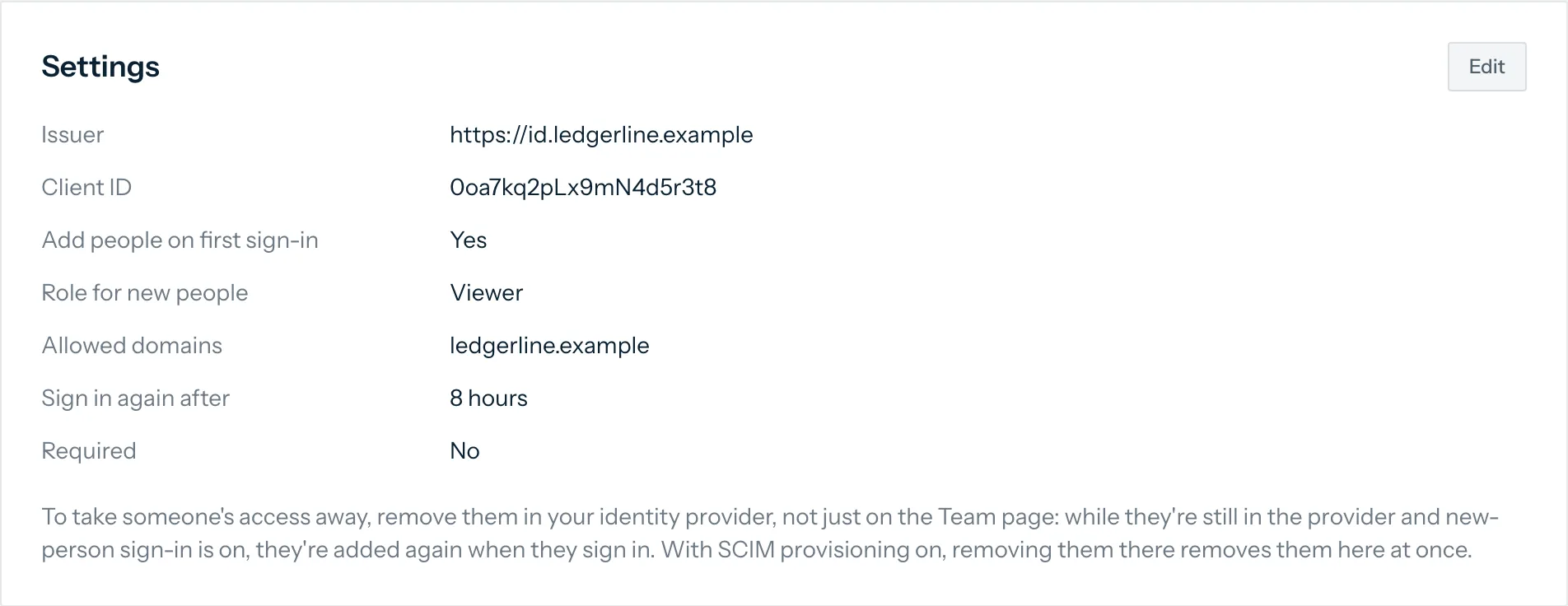 Single sign-on settings for an OpenID Connect provider: issuer, client ID and allowed domains.